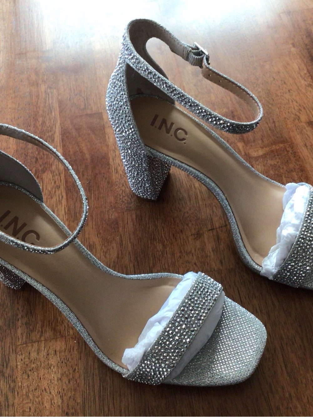 INC International Concepts Silver Glitter Block Heel Sandals